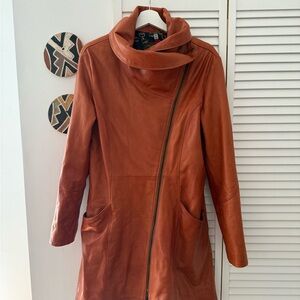 Women’s Italian Burnt Orange Leather Cowl Neck Zipper Jacket from Florence Italy